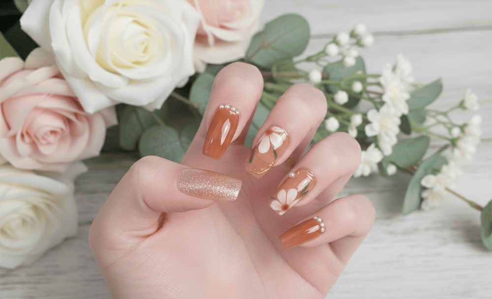 Mẫu nail Vuông Dài Cam Đất & Kim Tuyến Nền Hoa