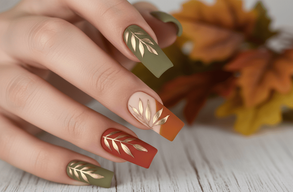 Mẫu nail Vuông Dài Màu Rêu và Đất Họa Tiết Lá Vàng