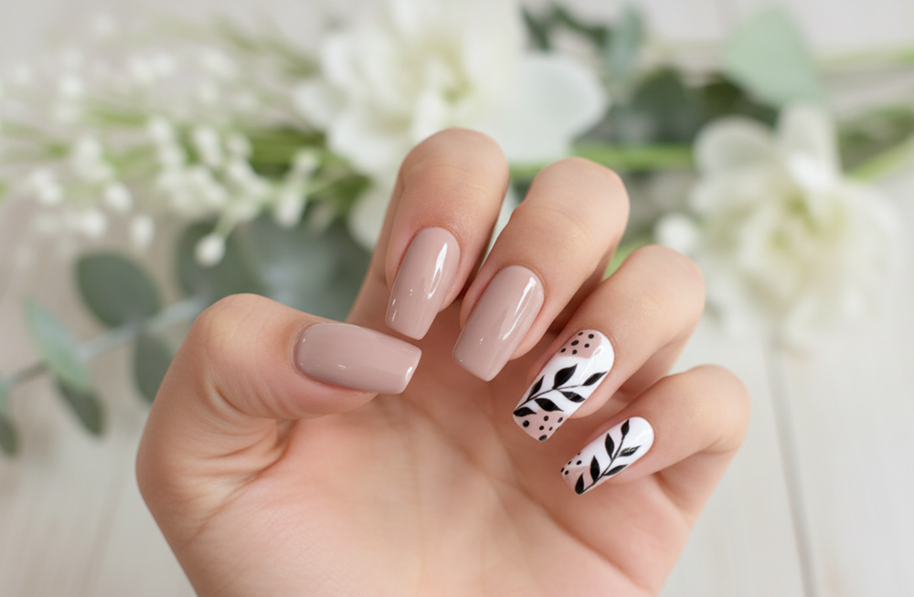 Mẫu nail Vuông Dài Nude Lá Cây Đen Trắng Thanh Lịch