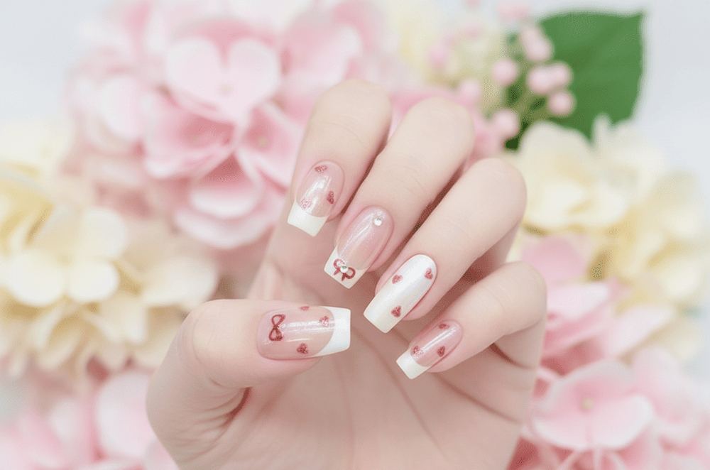 Mẫu nail Vuông Dài French Trắng Tim Đỏ Dễ Thương