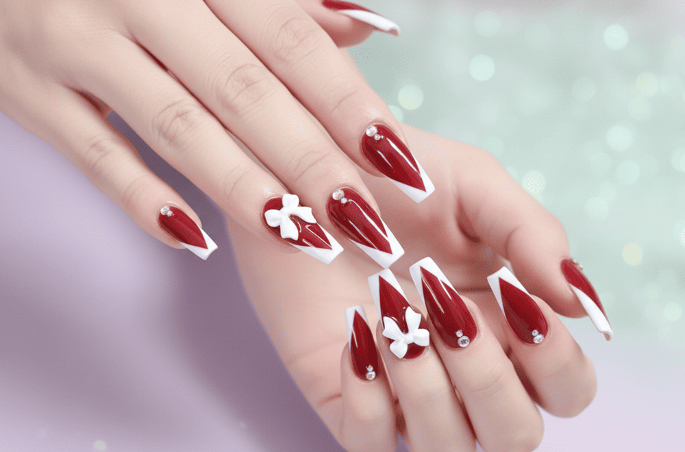 Mẫu nail vuông thang đỏ rượu kết hợp nơ trắng nổi bật