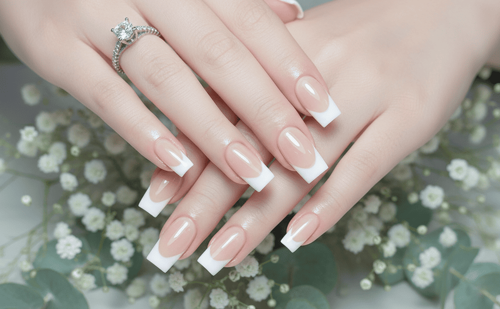 Mẫu nail Vuông Dài French Trắng Vuông Dài Cổ Điển Sang Trọng