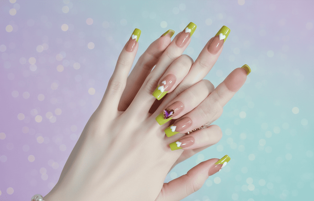 Mẫu nail vuông thang xanh neon đầu móng trái tim nổi bật