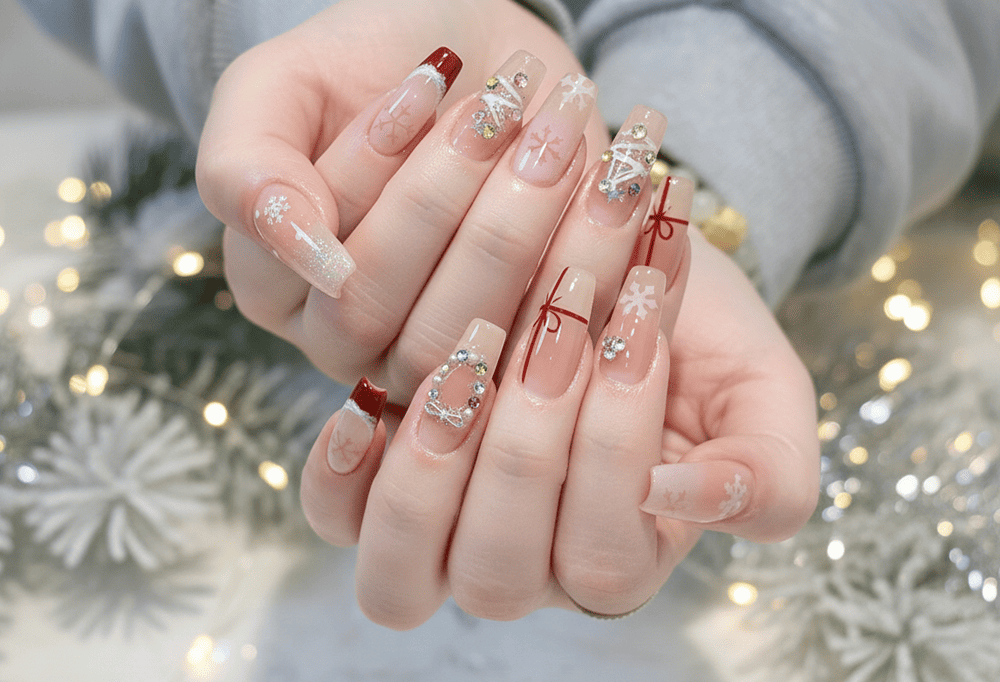 Mẫu nail Vuông Dài Noel/Giáng Sinh Tuyết Rơi Đính Đá
