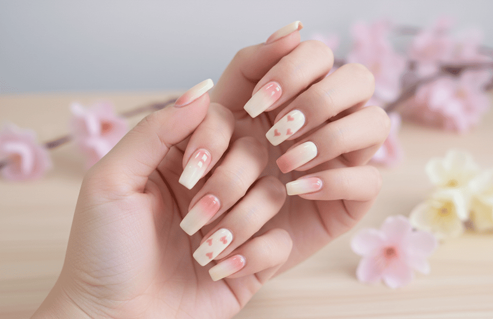 Mẫu nail Vuông Dài Ombre Hồng Nhạt Trái Tim