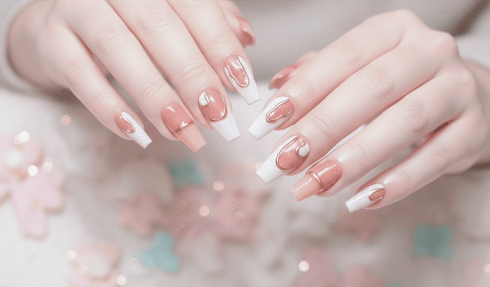 Mẫu nail vuông thang nude phối trắng ánh gương mềm mại