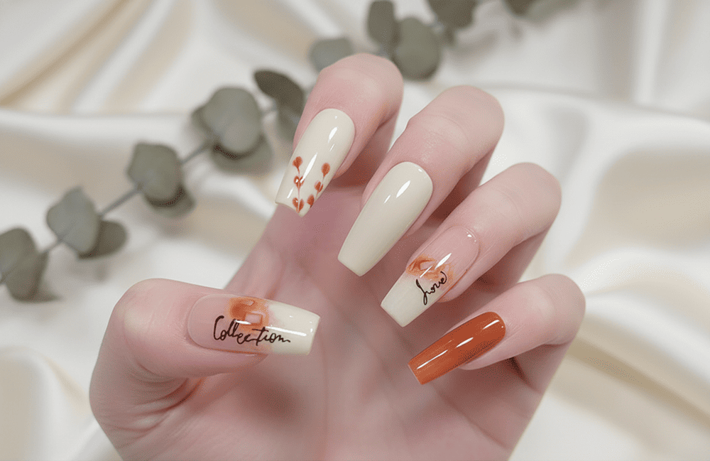 Mẫu nail Vuông Dài Nude Trắng Kem Chữ & Hoa Lá Hiện Đại