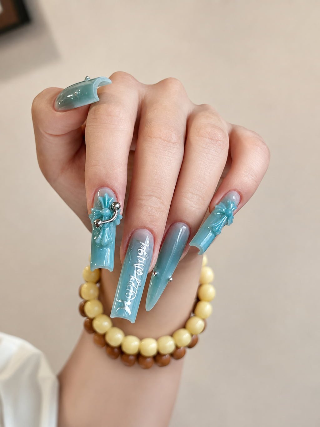 Aqua Blue 3D Bow Y2K Nails