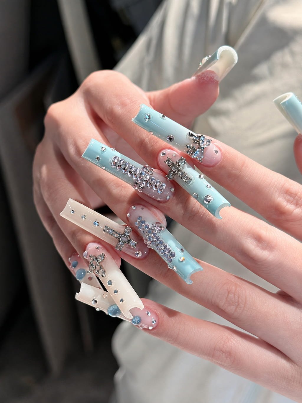 Baby Blue Cross Charm Y2K Nails