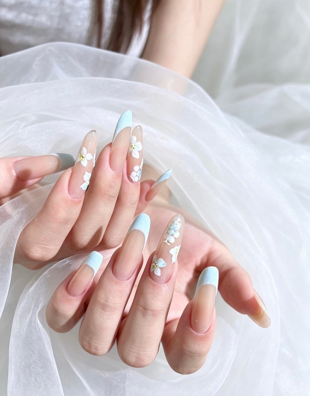 Baby Blue French Nails with 3D White Flower Art