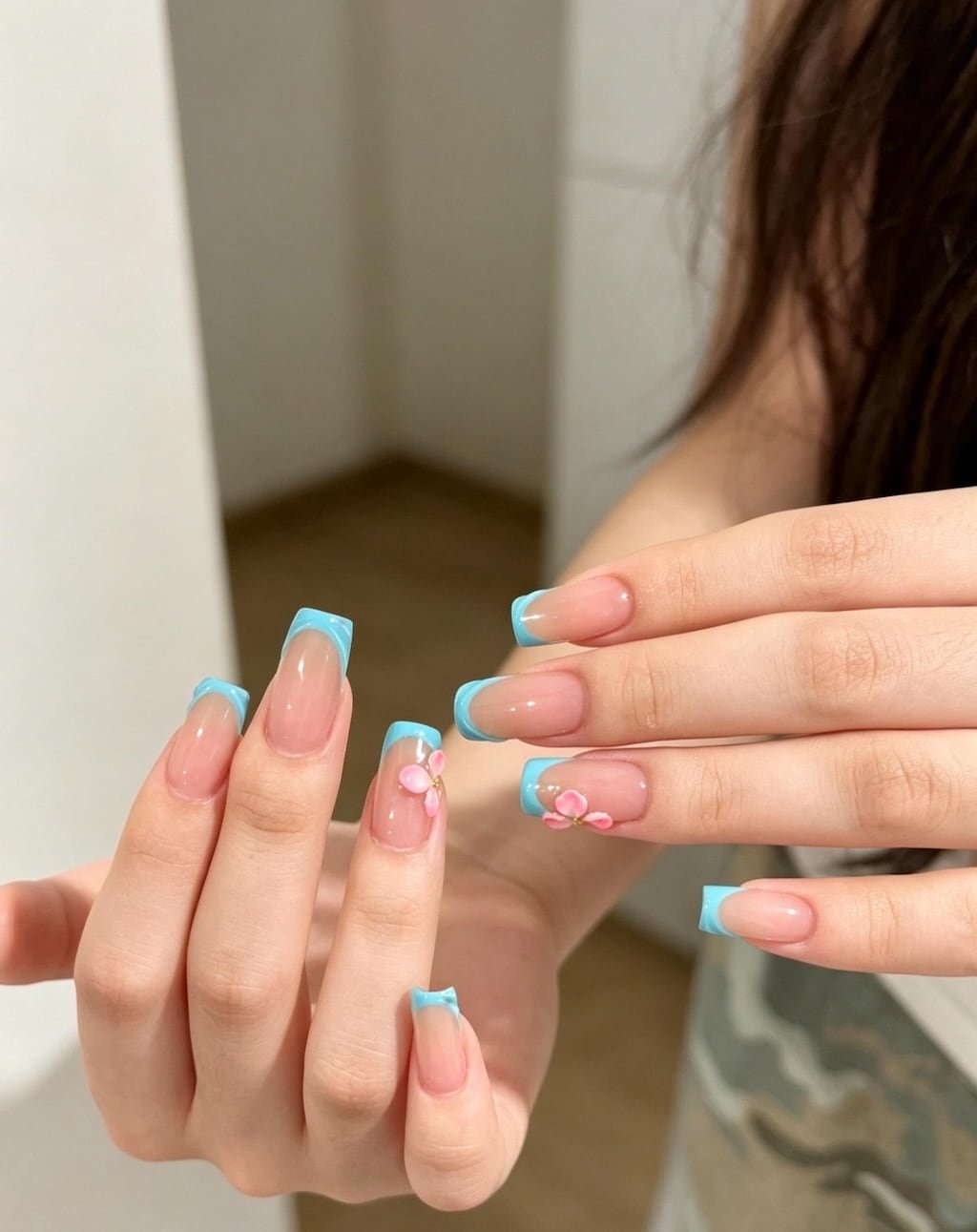 Baby Blue French Tip Preppy Nails with Pink Flower Charms