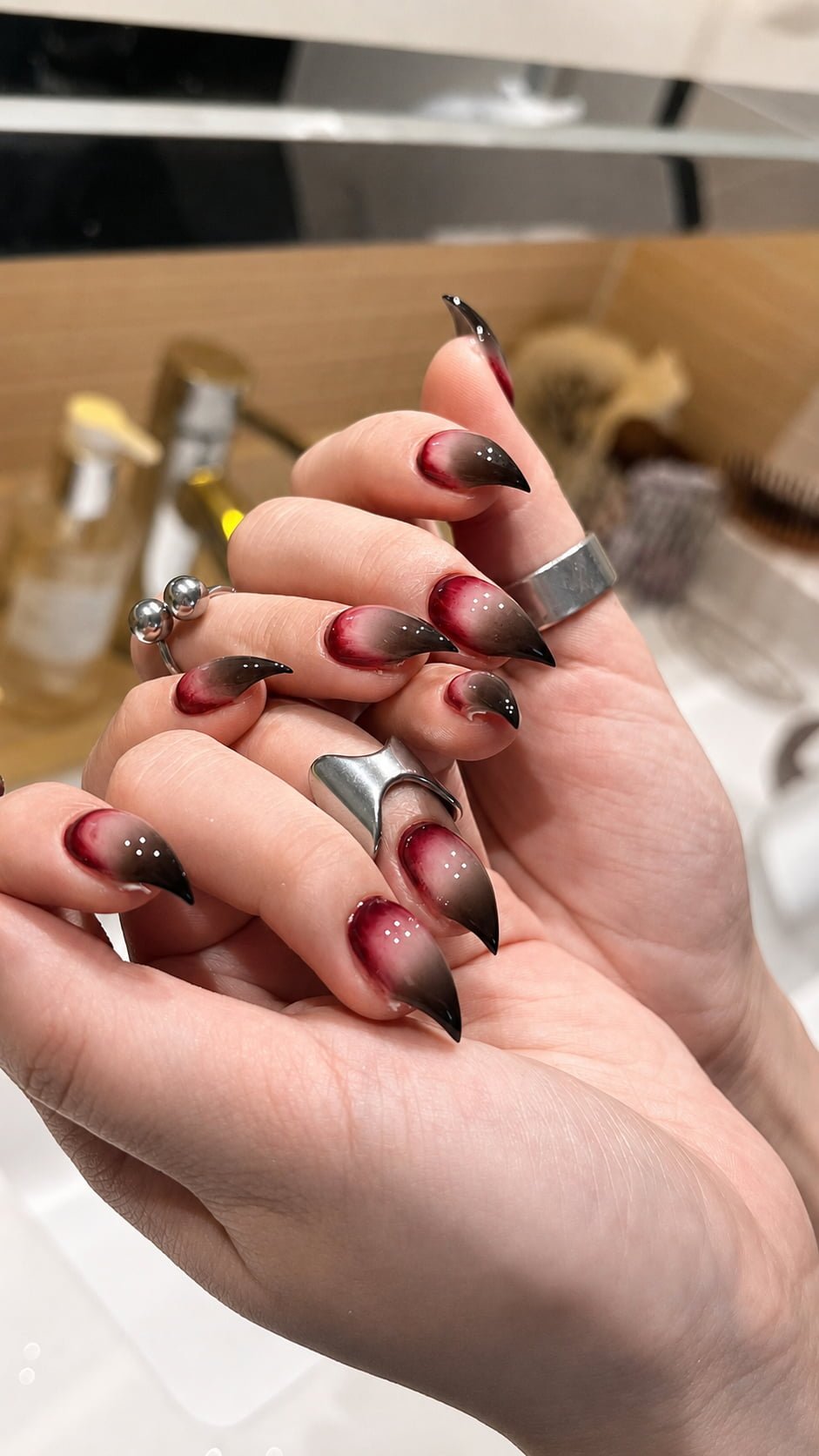 Black and Burgundy Cat Claw Nails with Smoky Ombré Tips