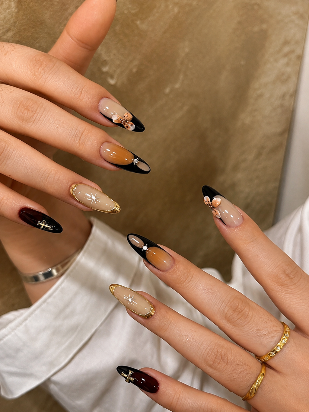 Black and Caramel Butterfly Fall Nail Design with Gold Accents