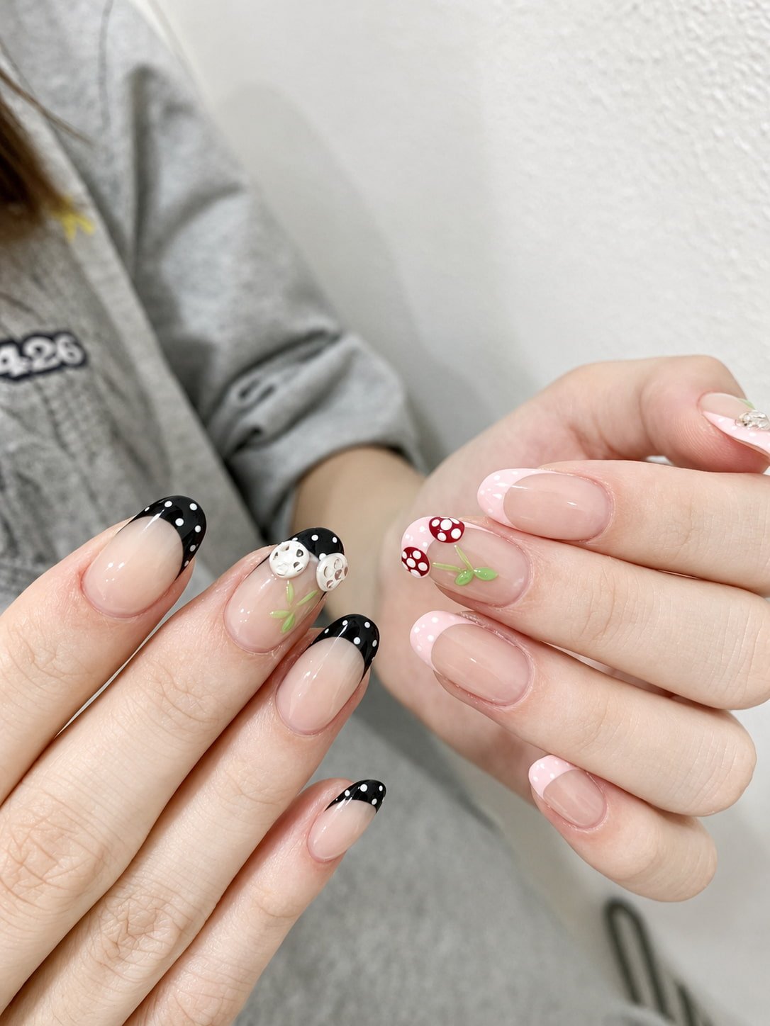 Black and Pink French Nails with Mushroom and 3D Floral Art