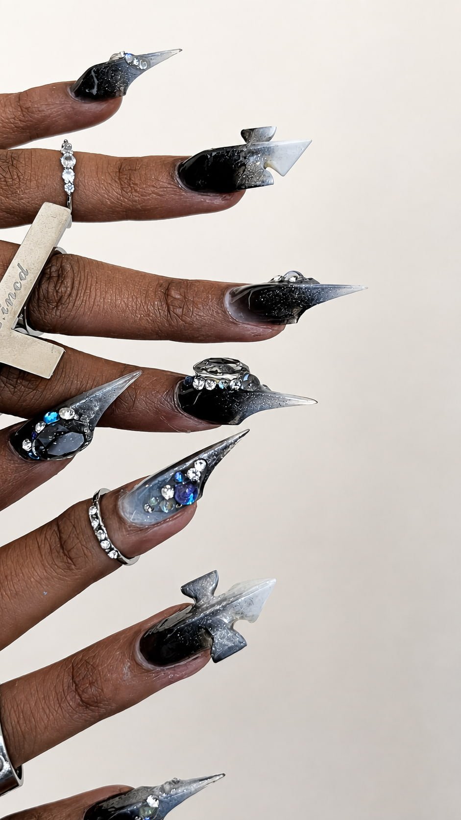 Black and Silver Cat Claw Nails with Crystal Charms