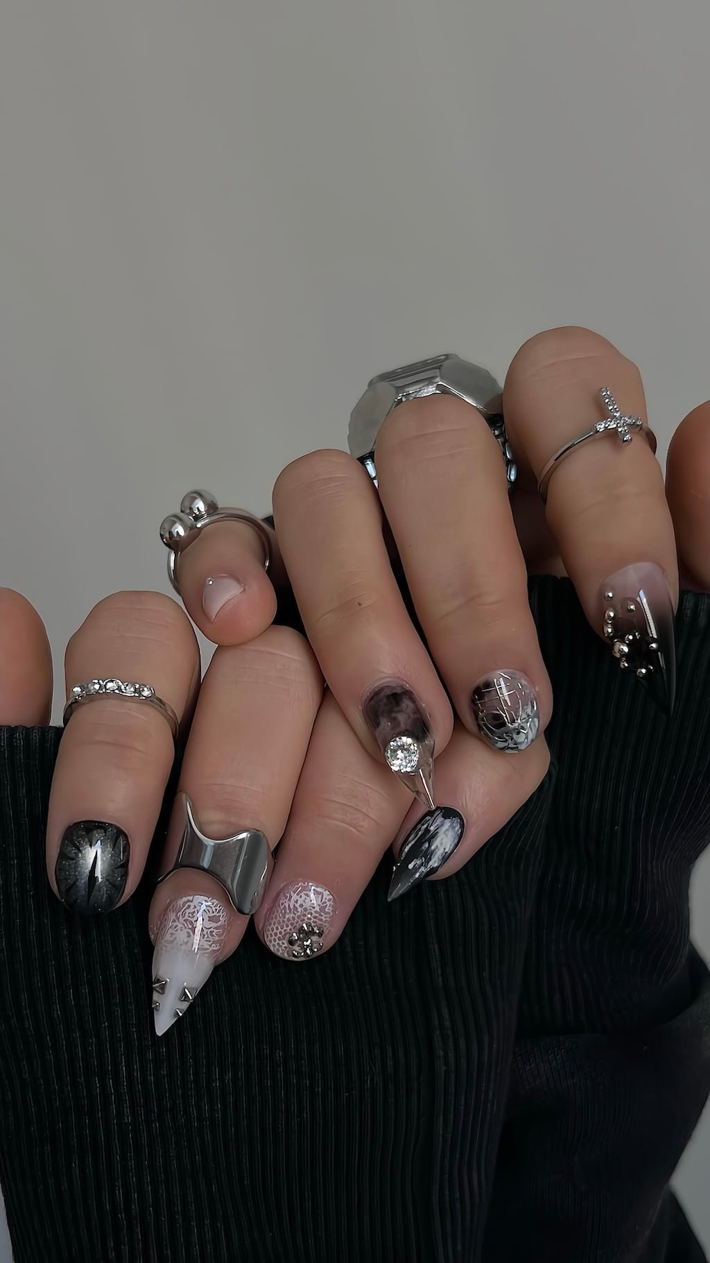 Black and White Cat Claw Nails with Lace and Stud Details