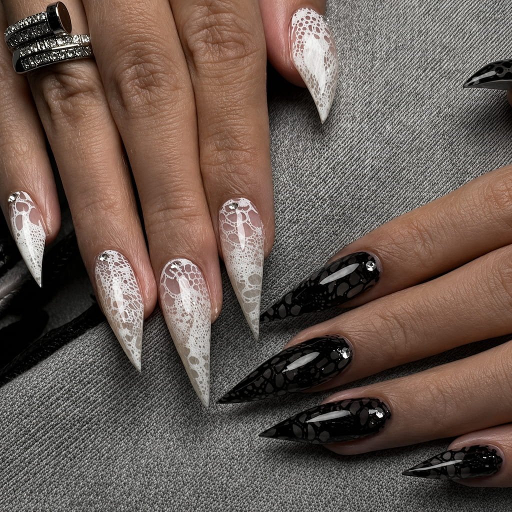 Black and White Cat Claw Nails with Lace Pattern Art