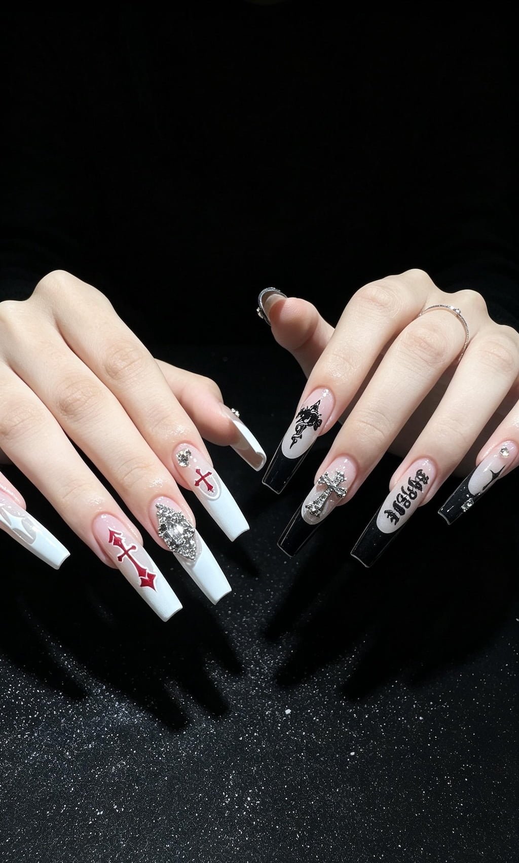 Black and White Cross Y2K Nails with Crystal Charms
