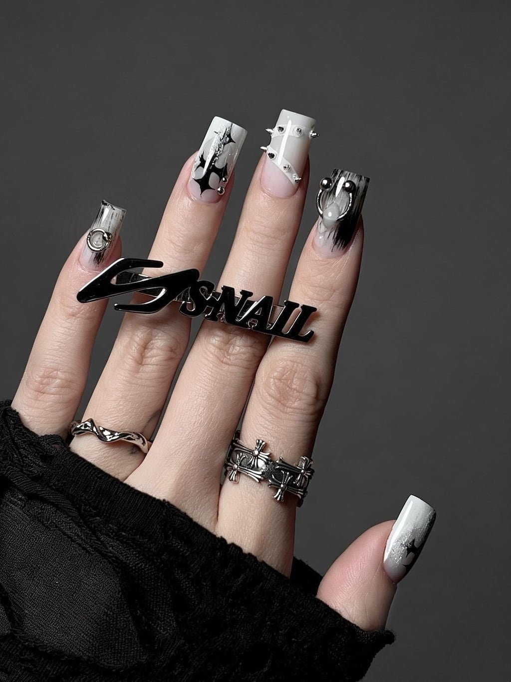 Black and White Cyber Y2K Nails with Chrome Details