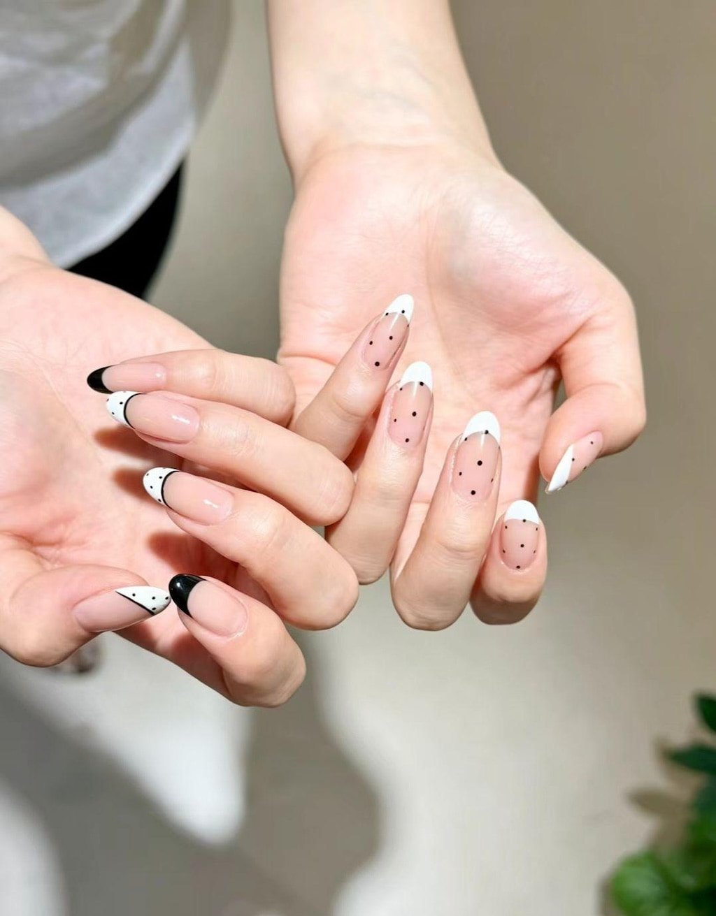 Black and White French Nails with Minimal Polka Dots
