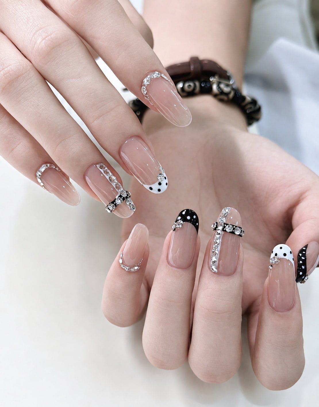 Black and White French Nails with Rhinestones and Polka Dots