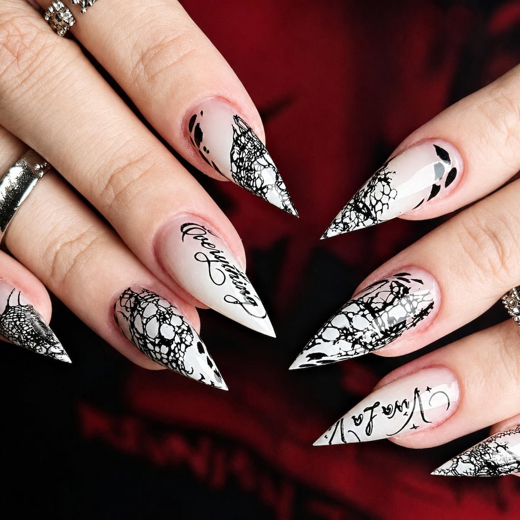 Black and White Lace Stiletto Y2K Nails