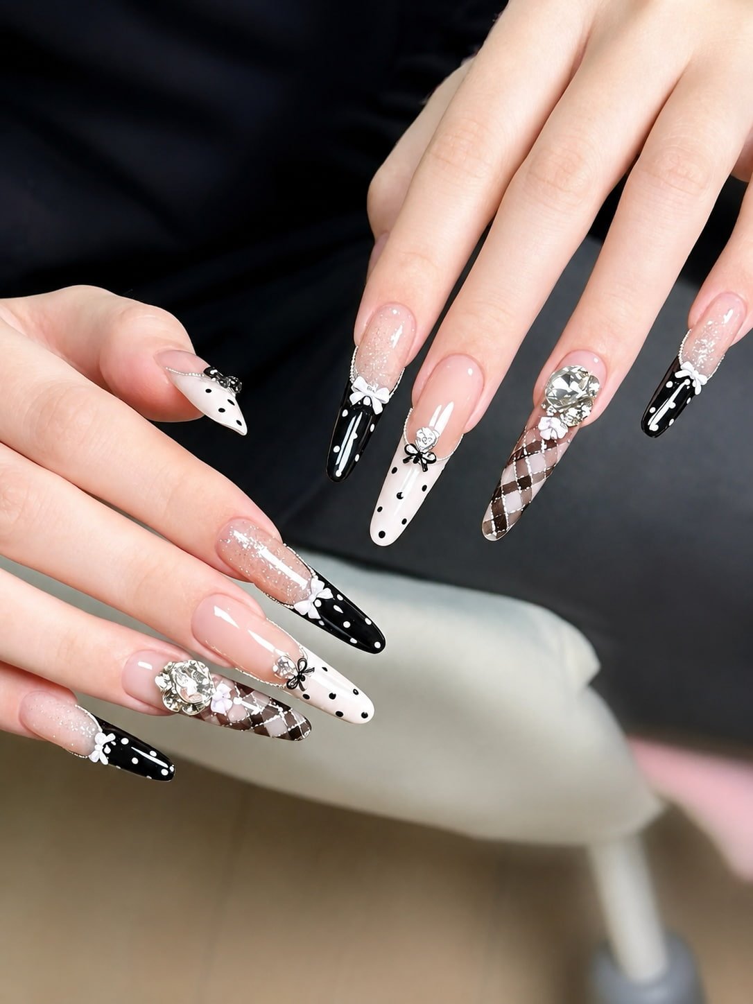 Black and White Long Fall Nail Design with Polka Dots and Plaid Art