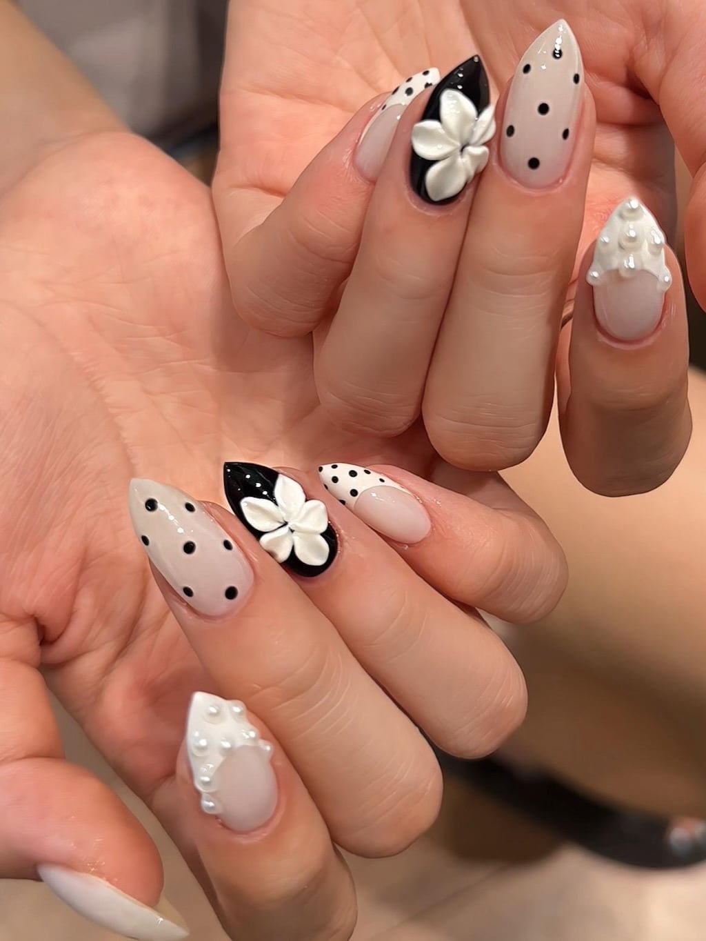 Black and White Polka Dot Preppy Nails with 3D Flowers