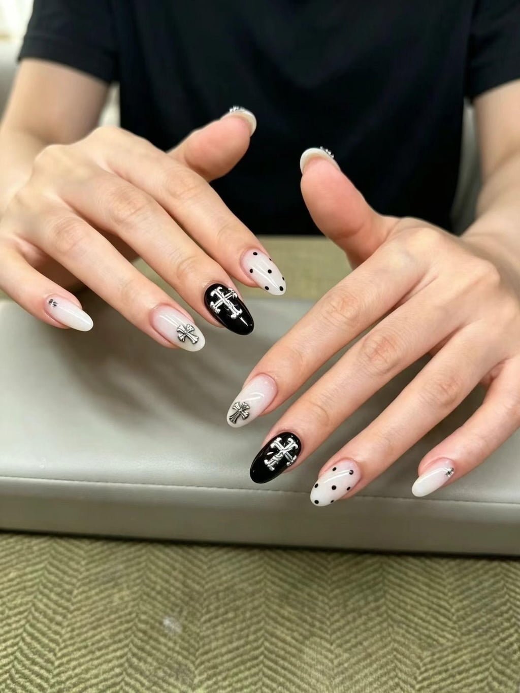 Black and White Preppy Nails with Cross Charms