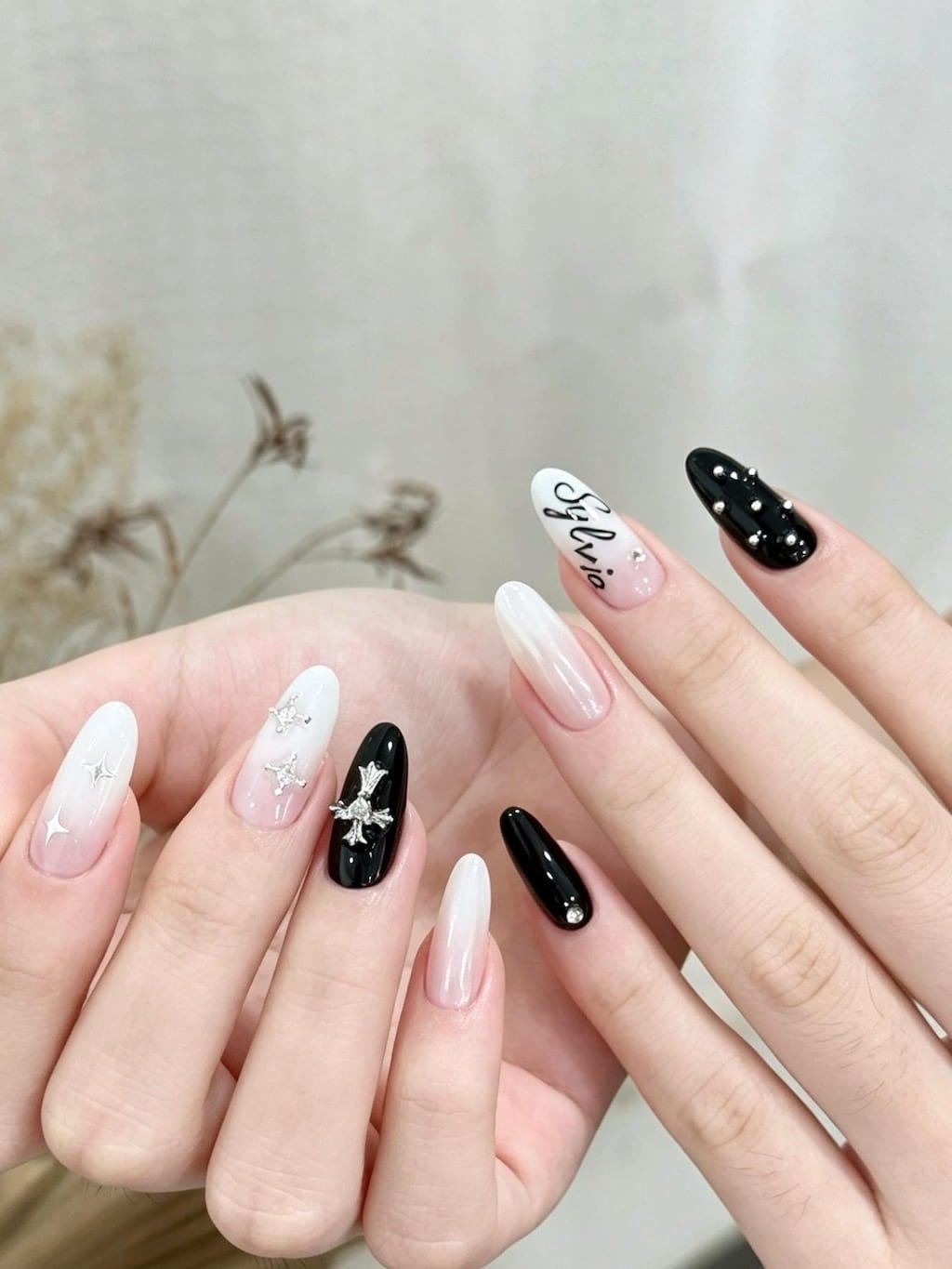 Black and White Preppy Nails with Crystal Star Charms