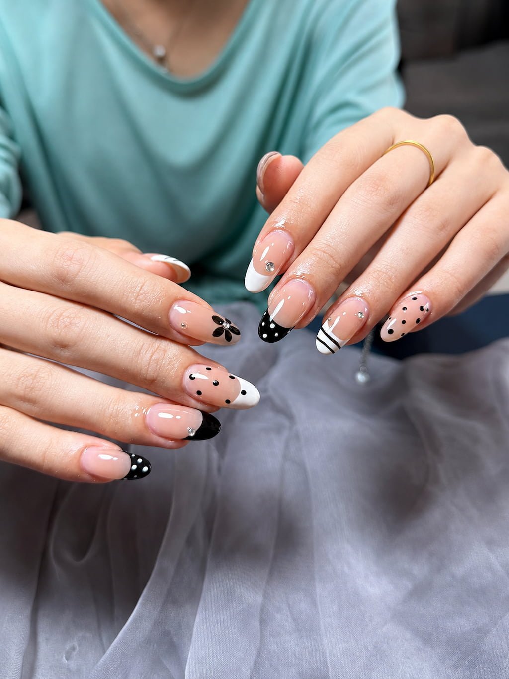 Black and White Preppy Nails with Polka Dot French Tips