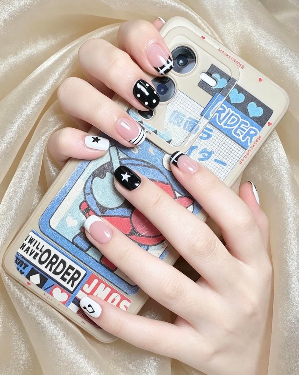 Black and White Preppy Nails with Stars and Polka Dots
