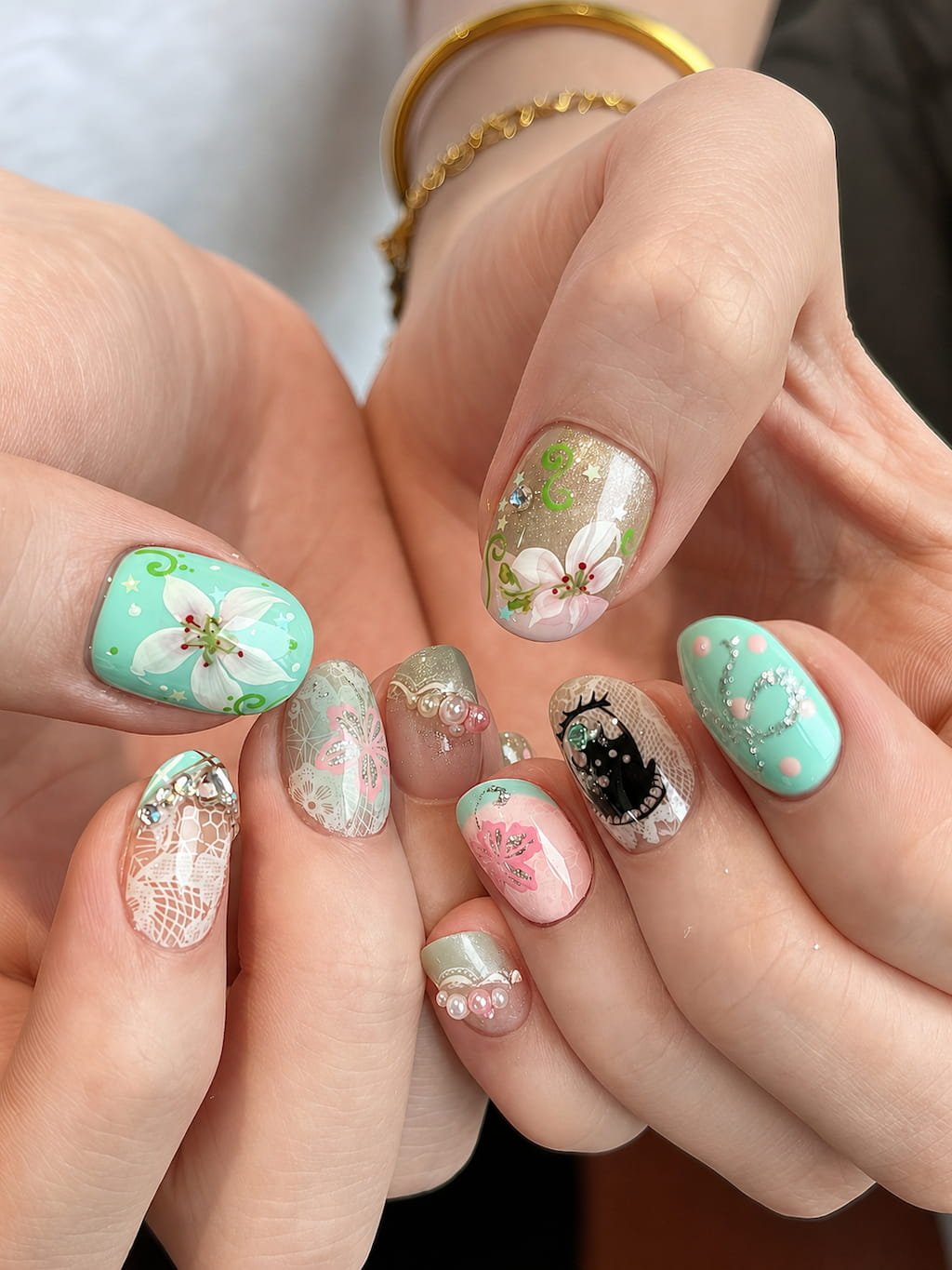 Black and White Star Summer Nail Design with Rhinestones
