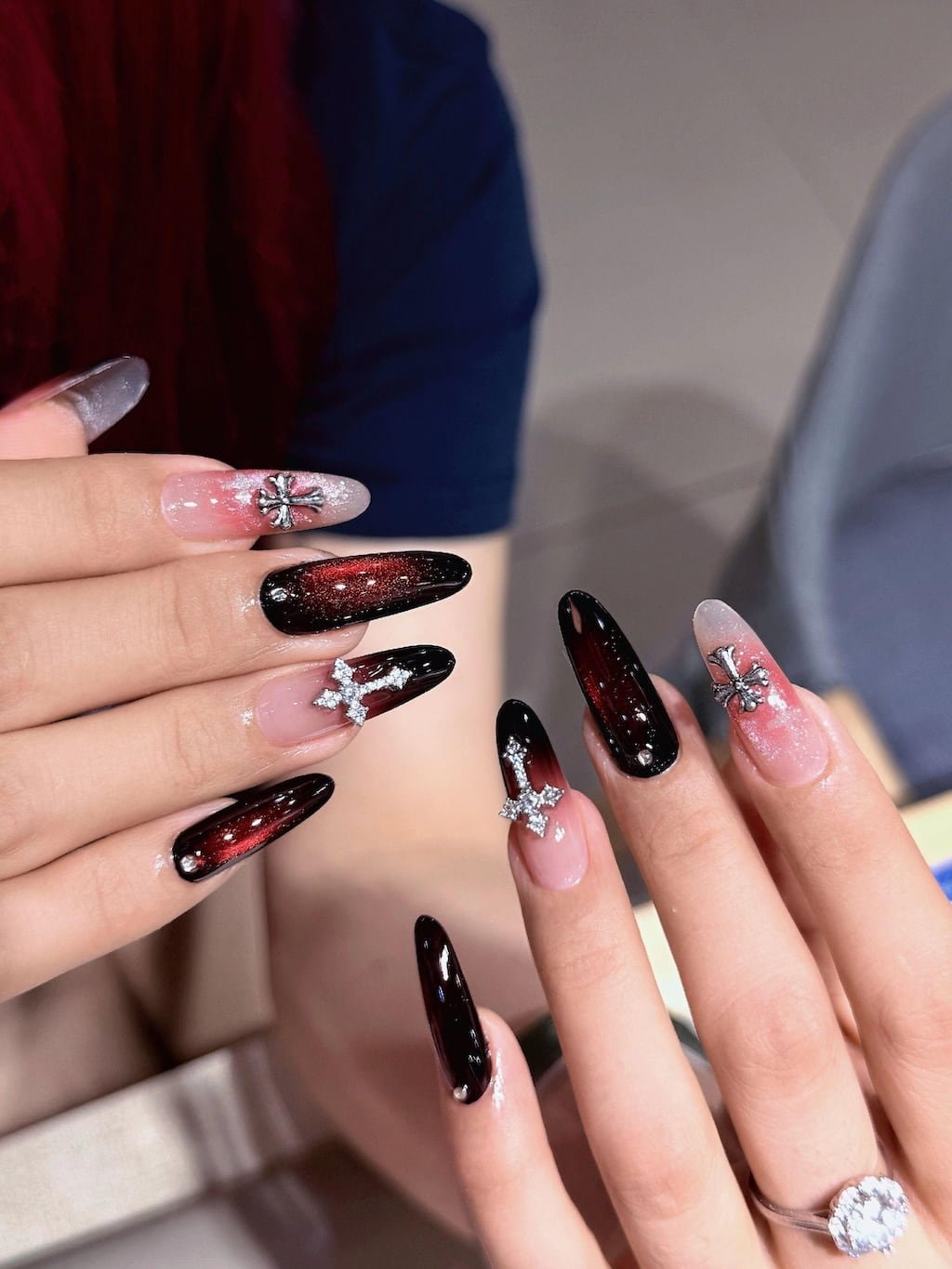 Black Cherry Aura Y2K Nails with Silver Crosses