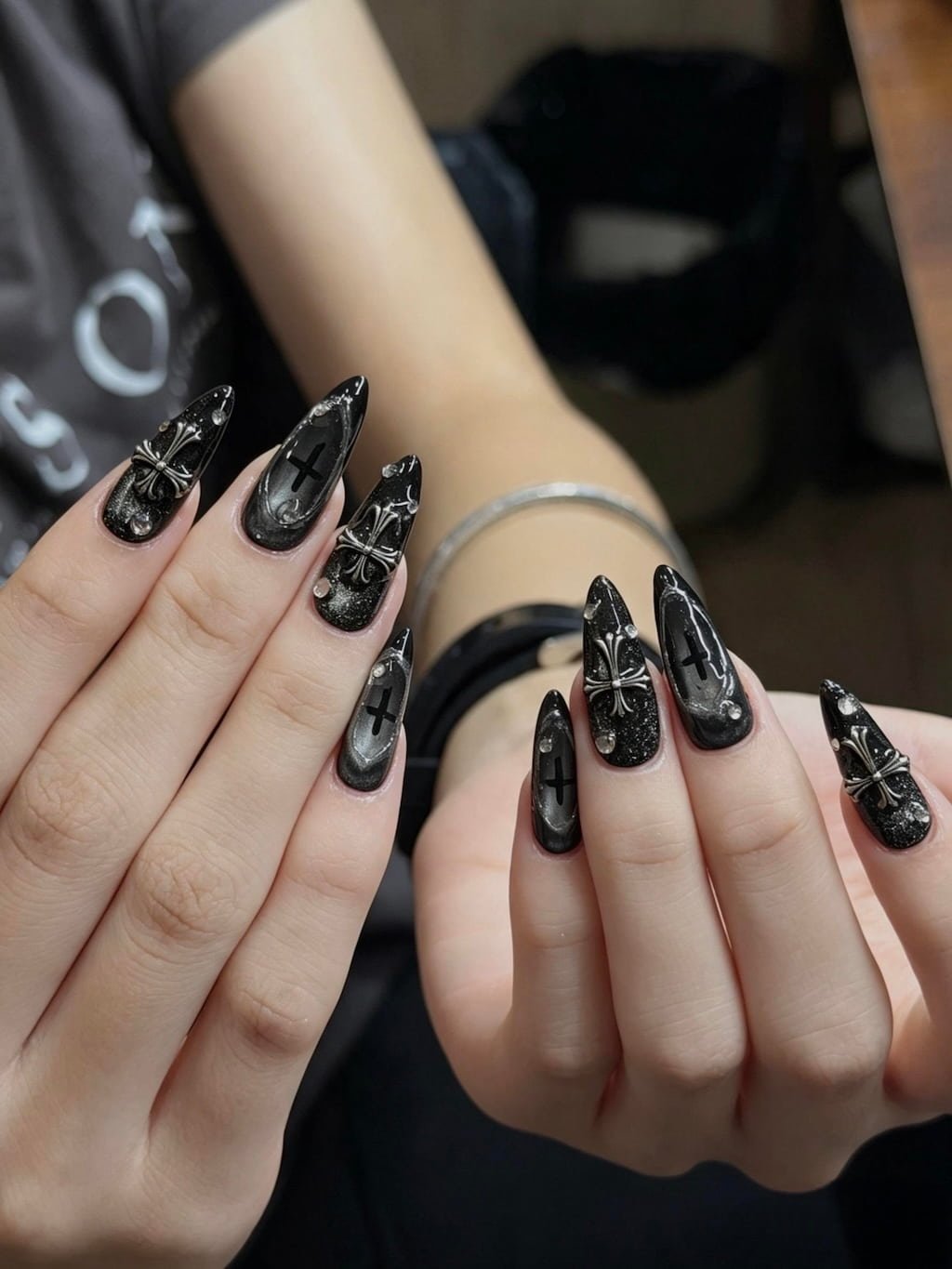 Black Chrome Cross Y2K Nails with Silver Bow Charms