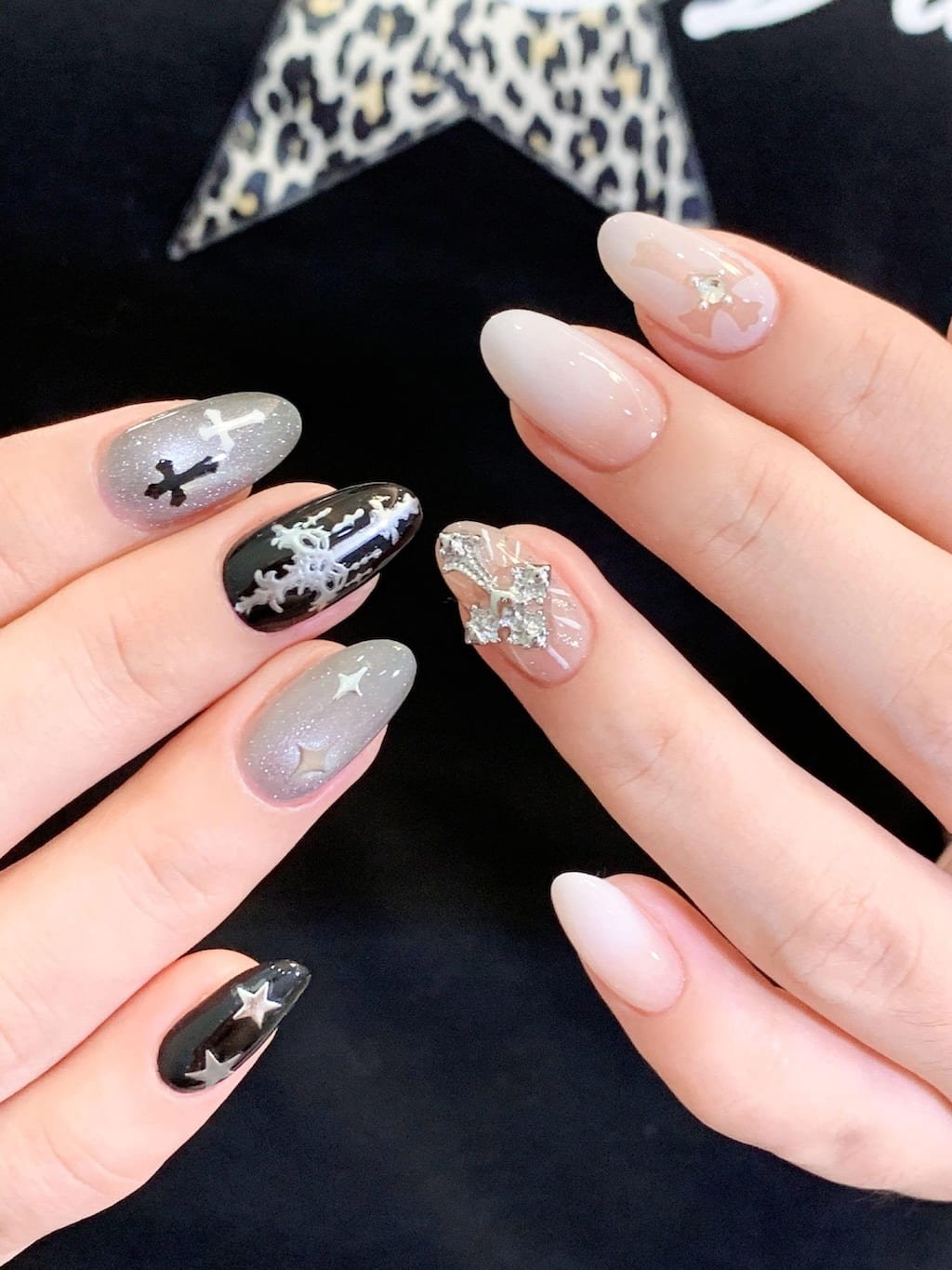 Black Cross and Crystal Star Y2K Nails