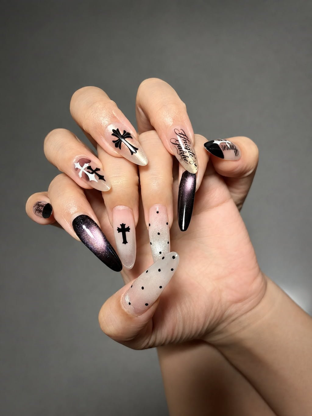 Black Cross and Galaxy Aura Y2K Nails