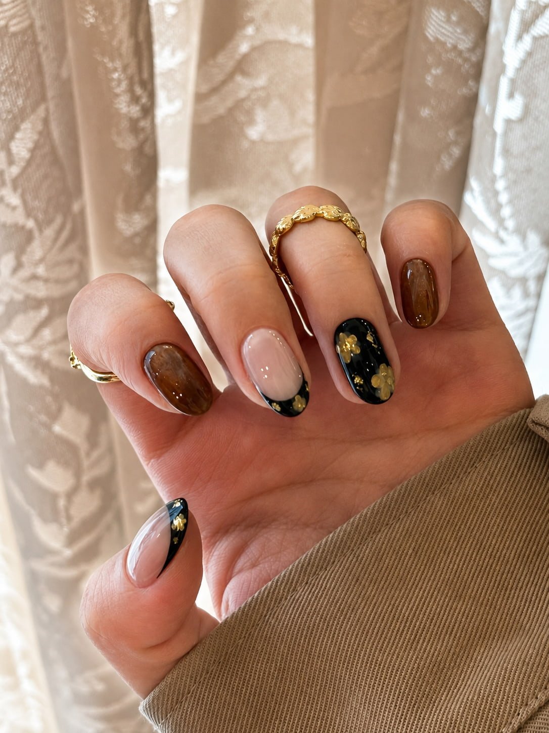 Black Floral French and Brown Marble Fall Nail Design