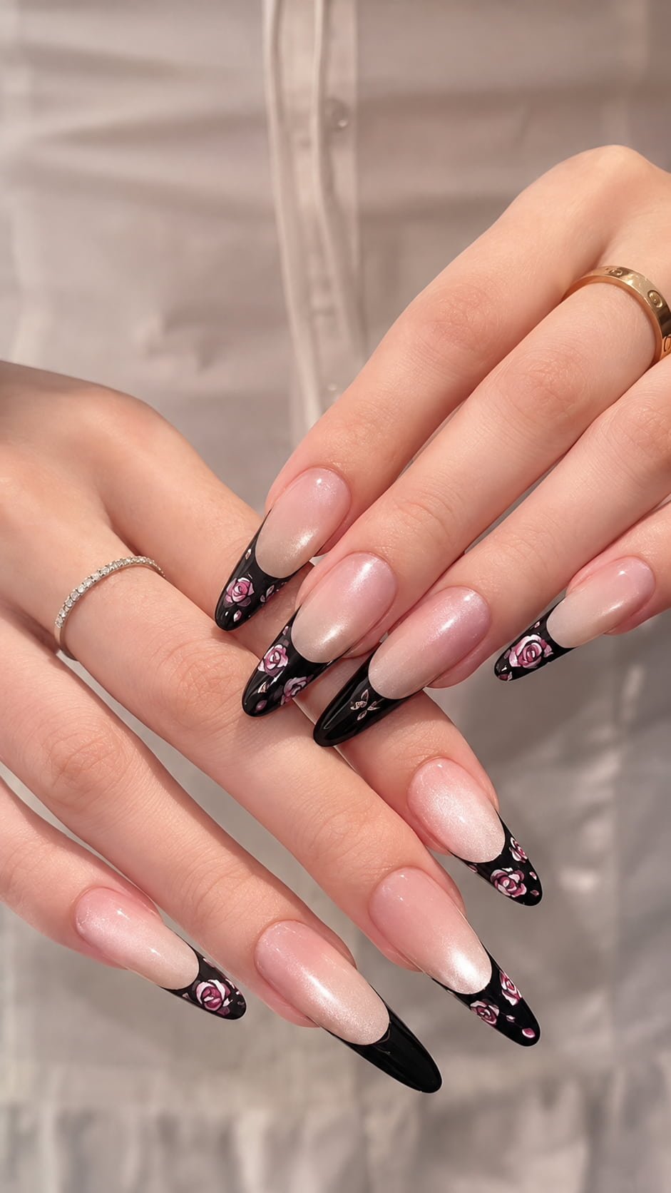 Black French Nails with Pink Rose Art