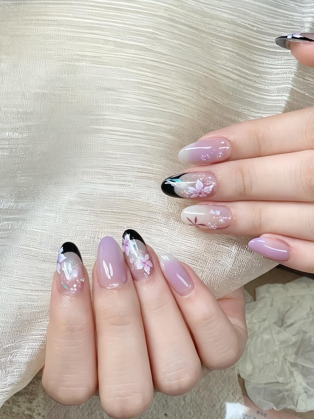 Black French Nails with Soft Pink Cherry Blossom Art