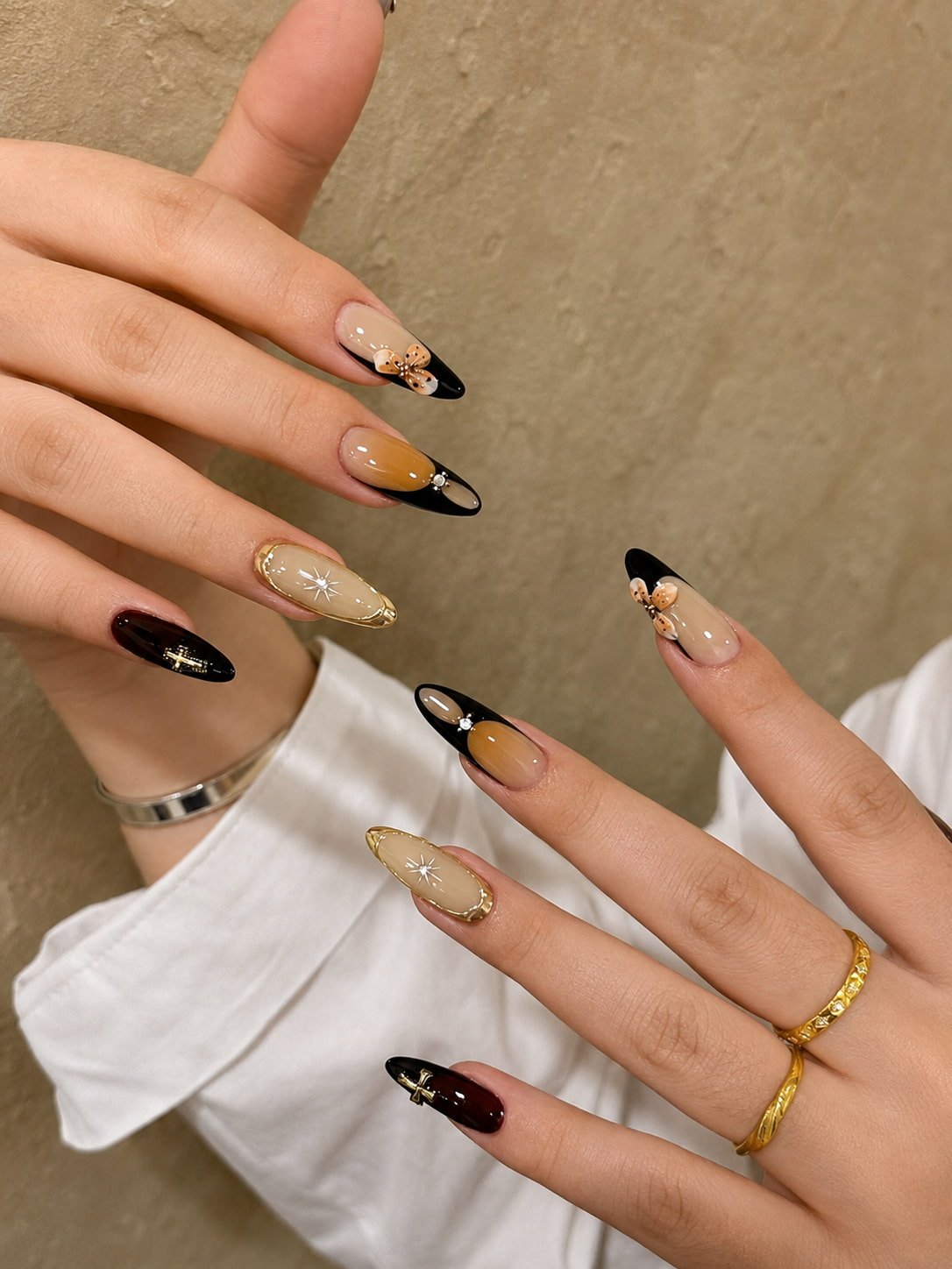 Black French Tip Butterfly Fall Nail Design with Gold Details
