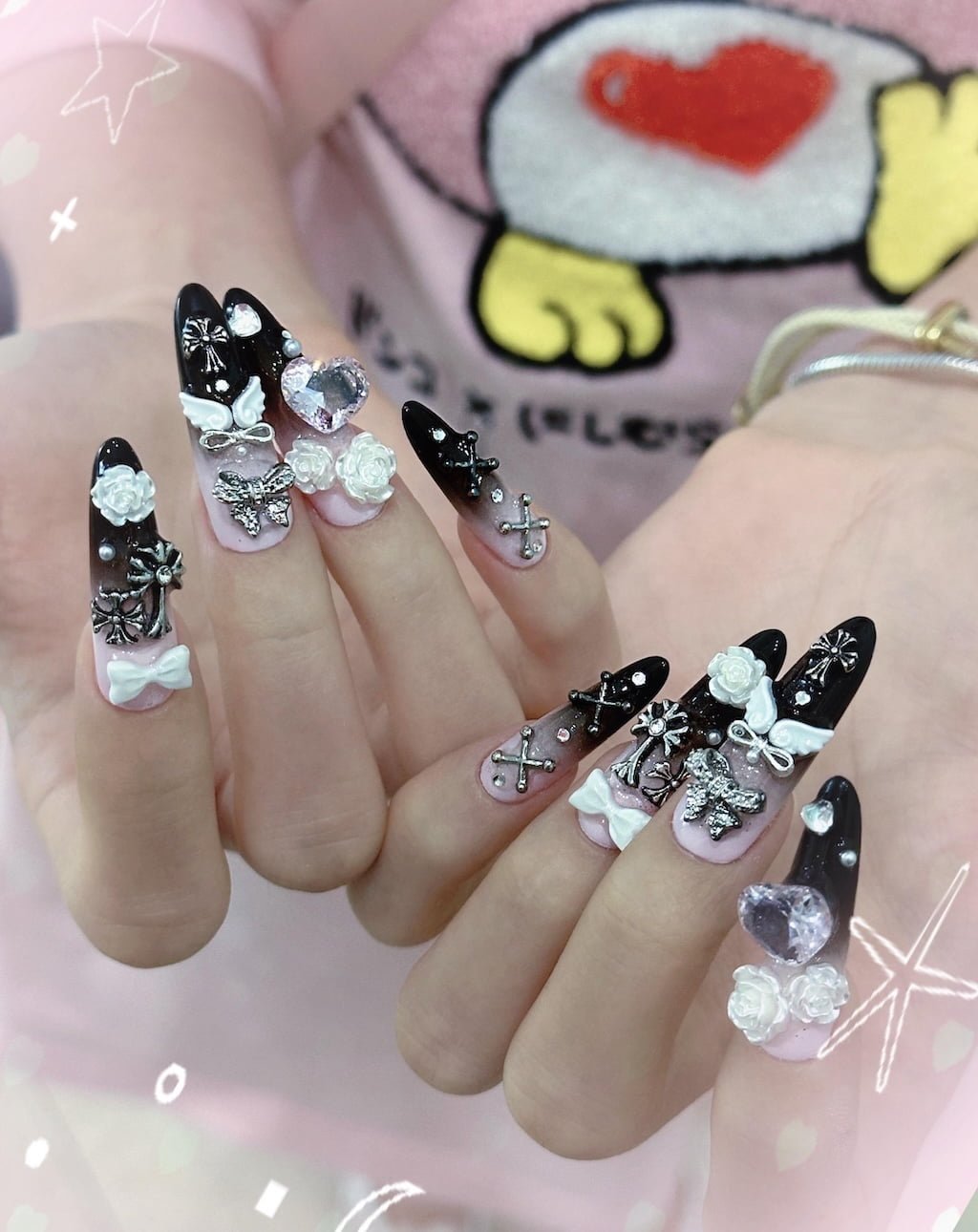 Black French Tip Y2K Nails with 3D Bows and Heart Gems