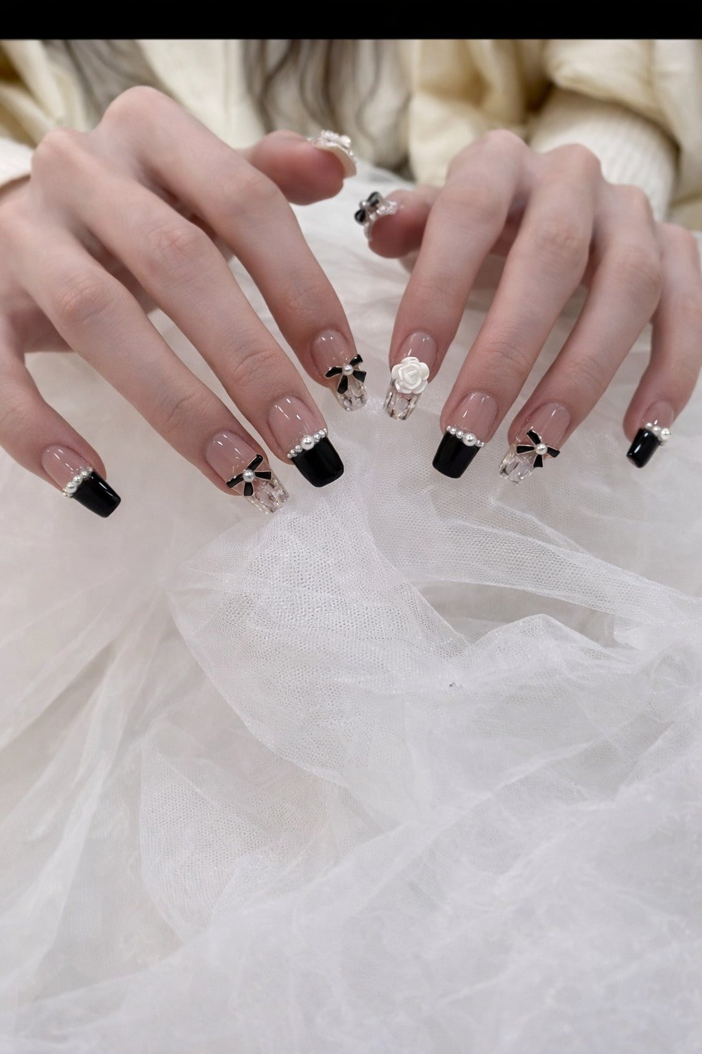 Black French Wedding Nails with Bows, Pearls and Roses