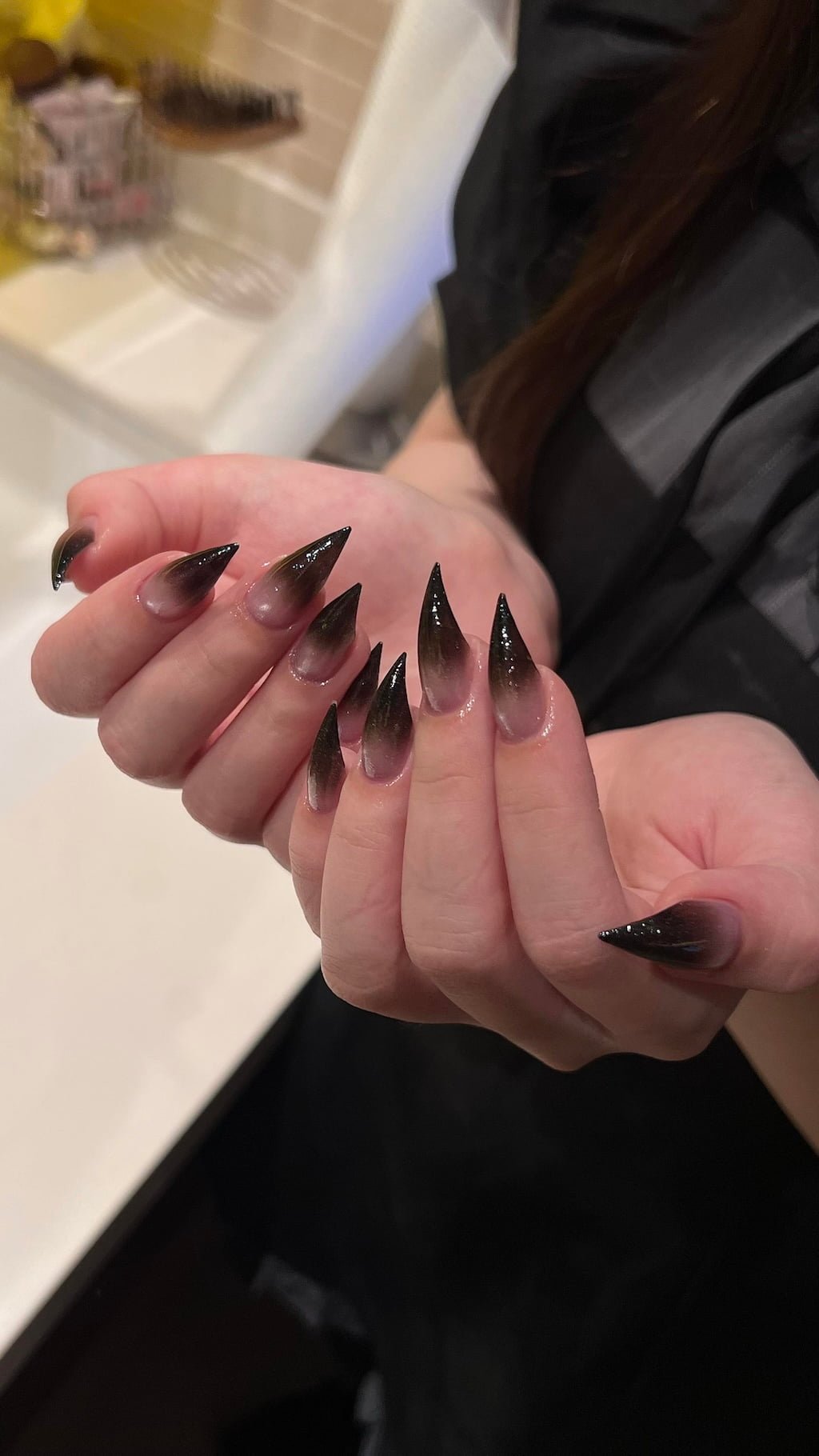 Black Ombre Cat Claw Nails with a Glossy Finish