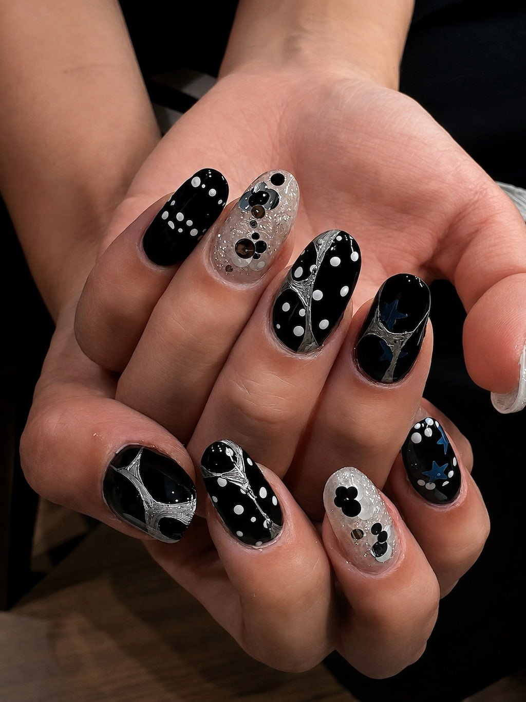 Black Polka Dot and Silver Chrome Y2K Nails