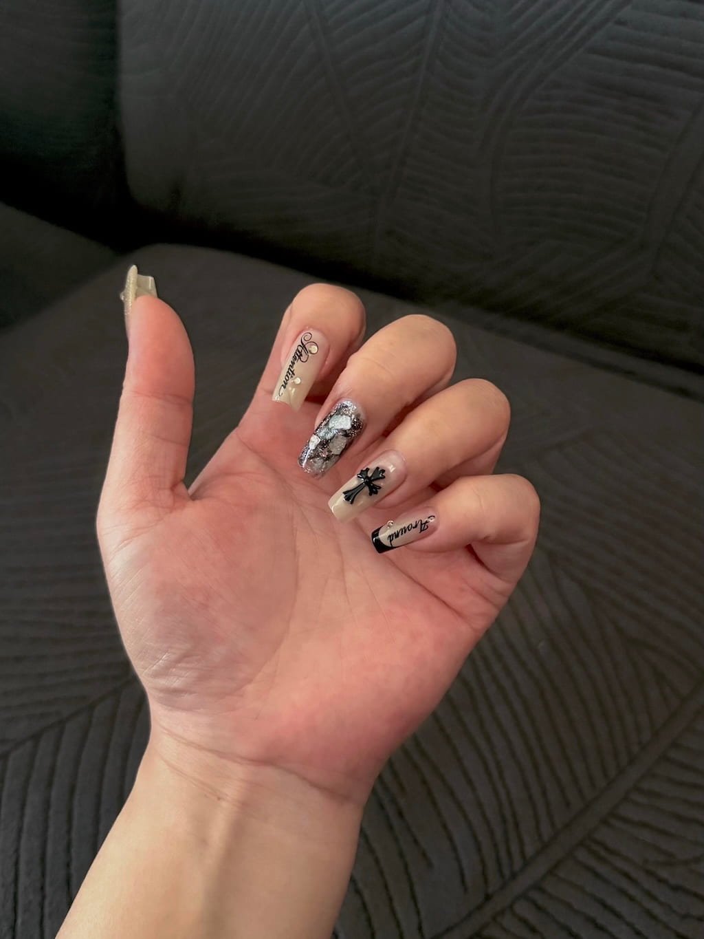 Black Polka Dot and Silver Chrome Y2K Nails