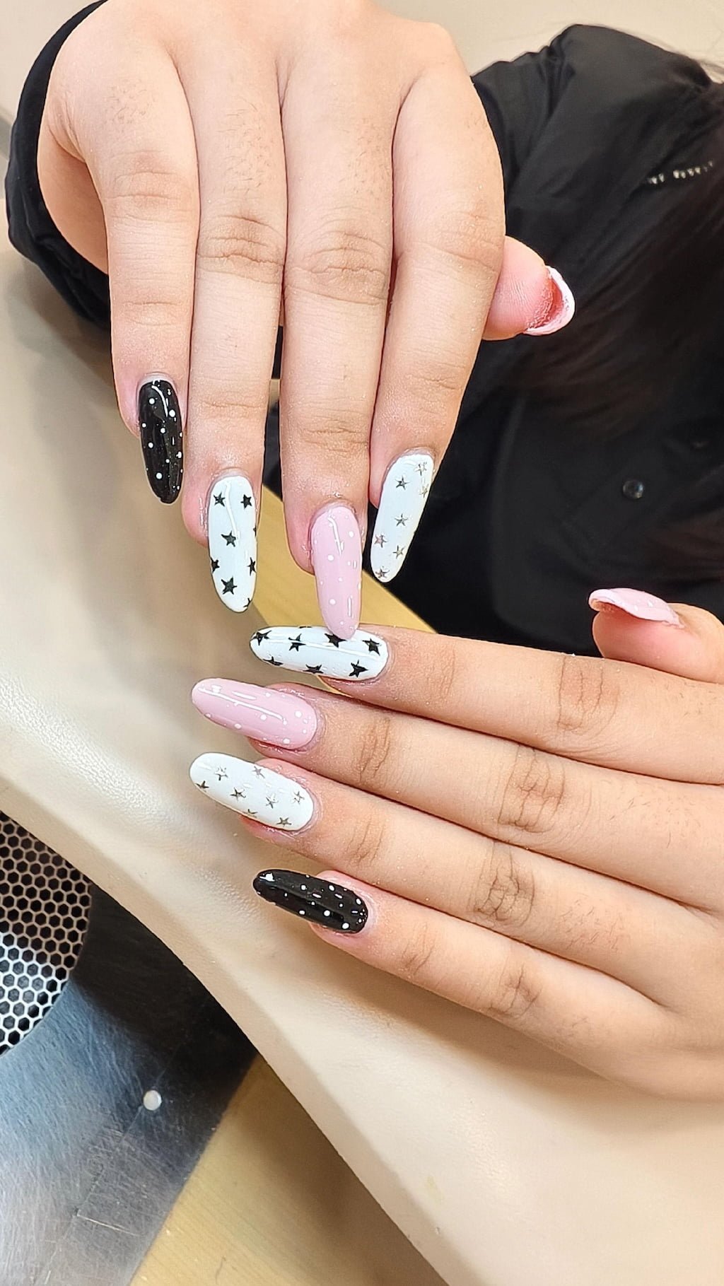 Black, White, and Pink Preppy Nails with Star Print