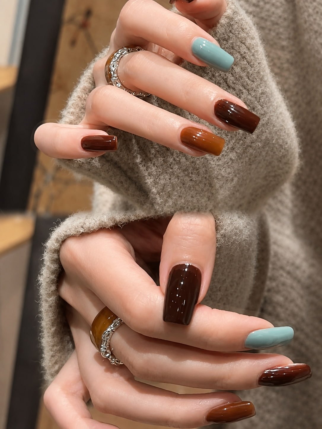 Blue and Brown Color Block Fall Nail Design