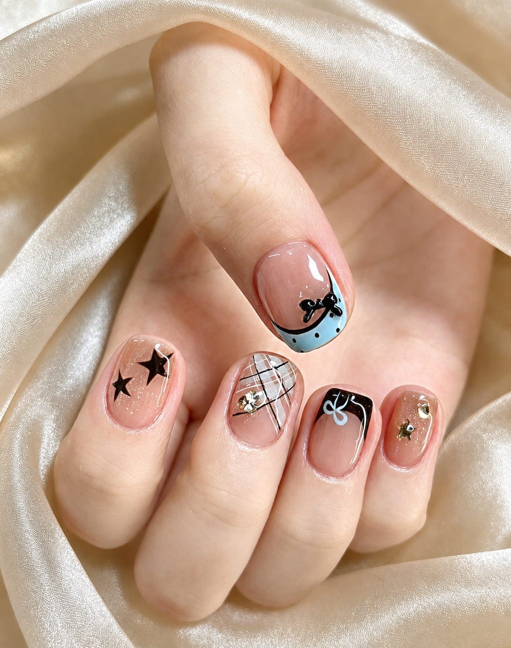 Blue Bow and Plaid Preppy Nails with Star Accents