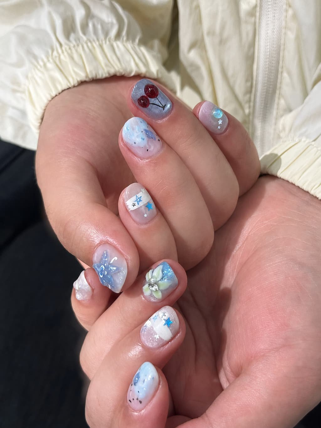 Blue Cherry and Star Summer Nail Art